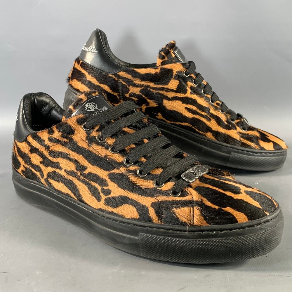 ROBERTO CAVALLI Size 11 Brown Black Animal Print Pony Hair Low Top Sneakers